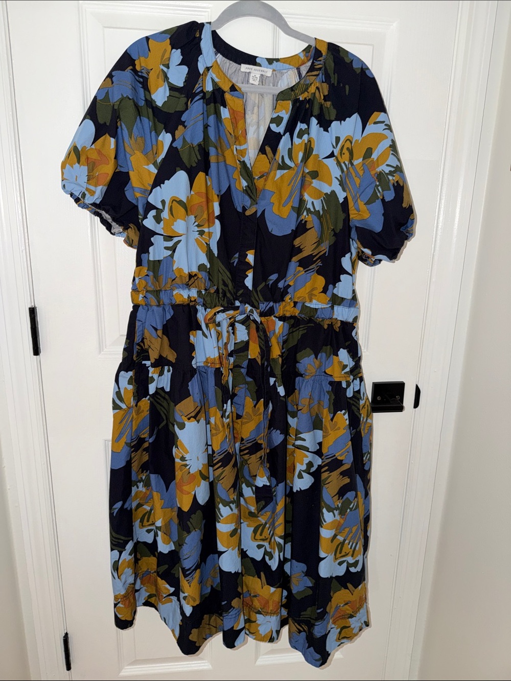 Drawstring Waist Floral Midi Dress in Blue & Mustard